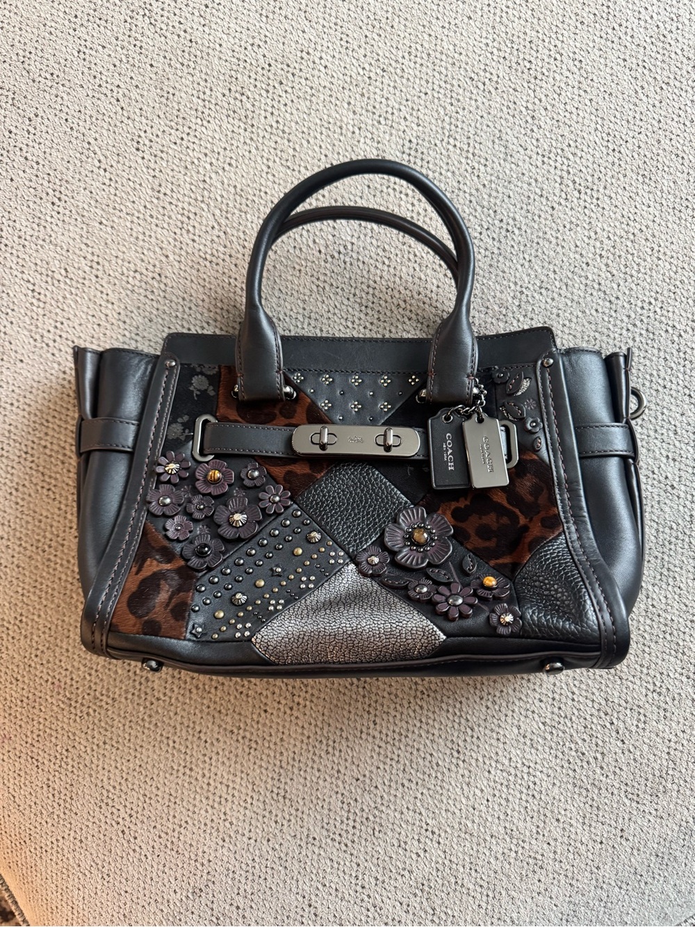 Coach swagger 27 Black and Brown Floral Patchwork Leather Satchel